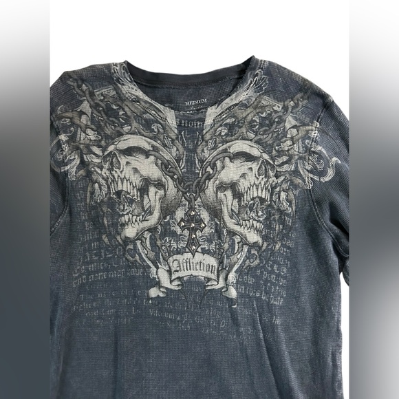 Affliction Rare Skull Thermal Waffle Knit Shirt Navy Mens Medium Y2K Grunge MMA - Picture 2 of 9